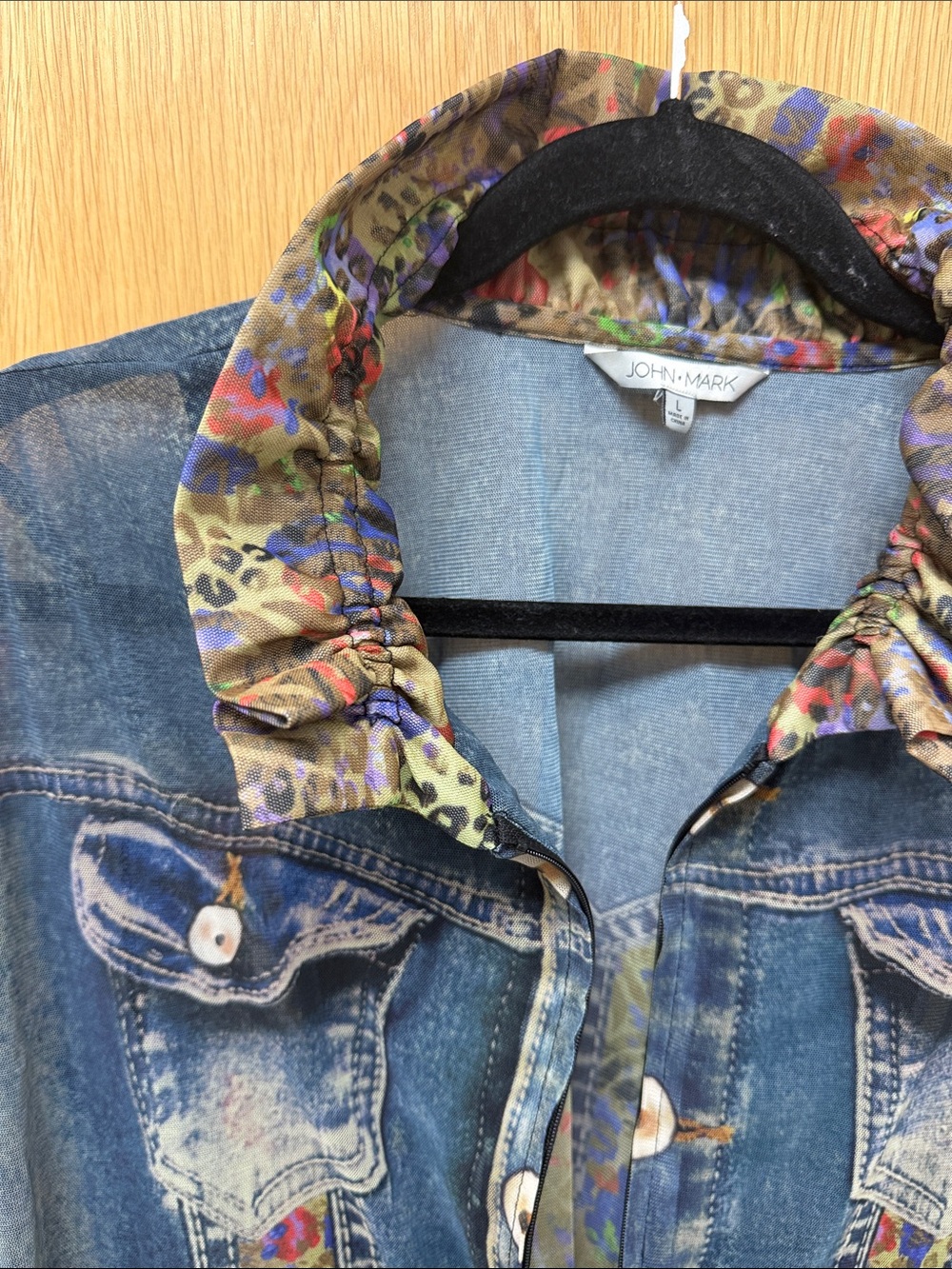 John Mark MESH Sheer Blue Denim PRINTED Jacket with Multicolor Floral Trim - Picture 12 of 14